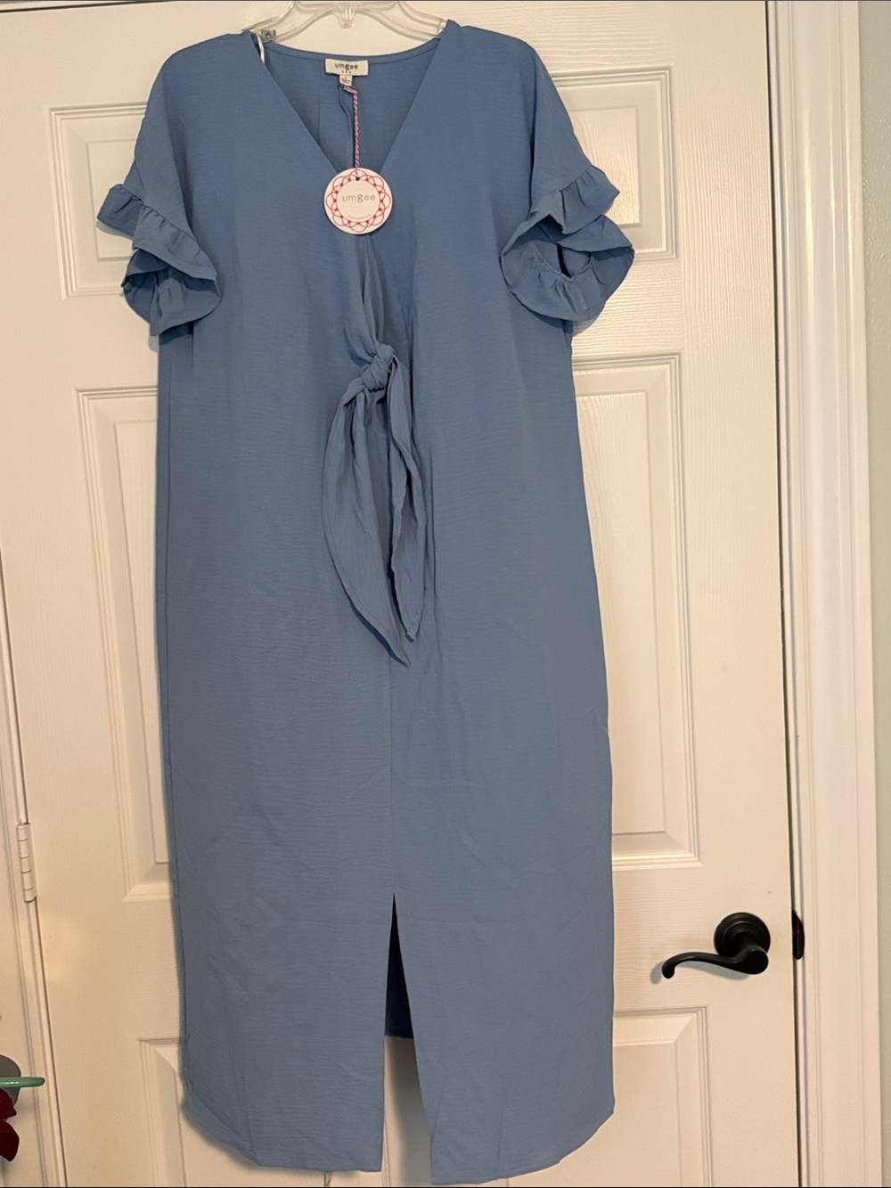 Umgee Blue Maxi Dress with cutout and tie in front. See picture
